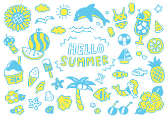 Fototapeta premium 手描き シンプル かわいい夏の素材セット