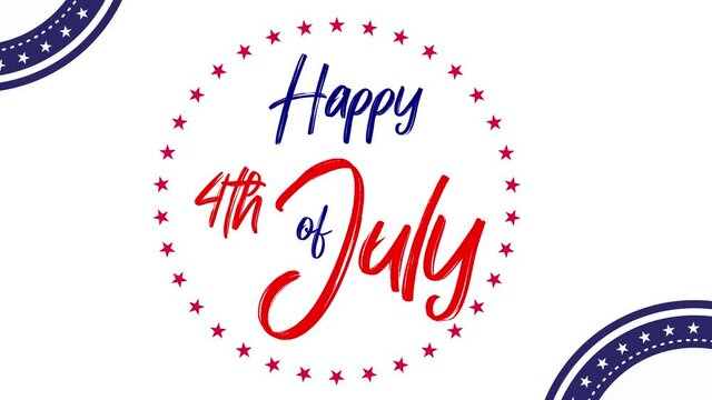 Happy 4th of July motion graphics with spinning stars banner over white background, 4th of July text animation 4k video