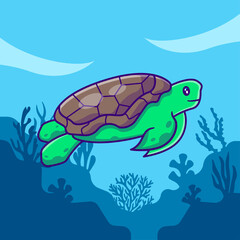 Sea turtle swimming in ocean Vector Cartoon Illustrations for World Ocean Day