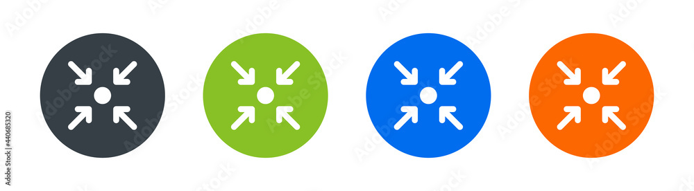 Poster Four arrows point to button vector icon. Meeting point or center point symbol. Information sign concept