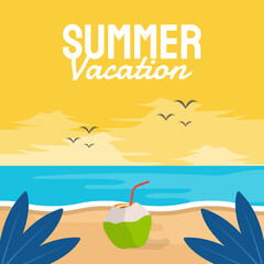 Fototapeta na wymiar Summer vector banner design concept on the beach with summer elements.