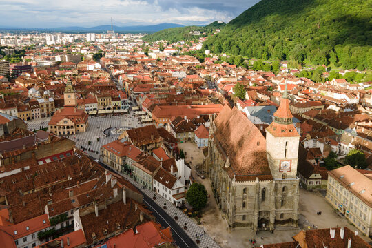 Aerial view of Brasov in Transylvania, cityscape of ancient European city