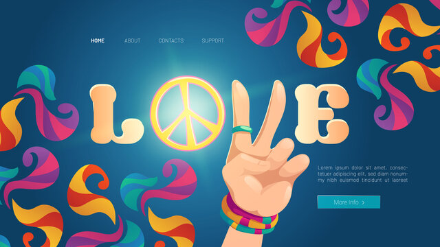 Love cartoon landing page with hippie hand show peace gesture on colorful ornate psychedelic background. Rock-n-roll hippy festival booking tickets service, musical concert, festival Vector web banner