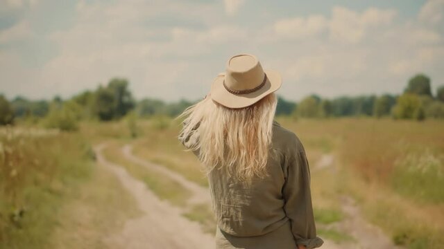 Woman On Safari Clothes Style.Inspiration Travel On Africa.Stylish Outfit On Wildlife Landscape.Tourist Trendy Look On Vacation Trip.Happiness Scenic Fashion Model.Summer Adventure On Africa Reserve.