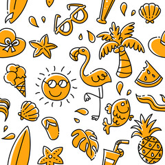 Seamless pattern summer collection. Vector illustration of colorful funny doodle summer.