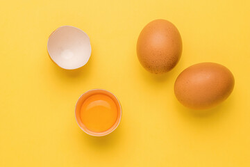One broken egg and two whole eggs on a yellow background.