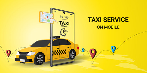 Taxi online service on mobile application with yellow taxicab  and location. Get a taxi. Concept for order taxi service. 3d perspective vector illustration on yellow background - obrazy, fototapety, plakaty