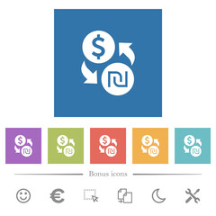 Dollar new Shekel money exchange flat white icons in square backgrounds