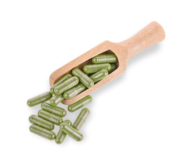 Moringa capsule on white background