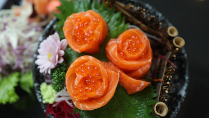 Salmon Sushi Japanese food. on the table in restaurant. Japanese cuisine set of Sashimi Salmon sushi nigiri. 