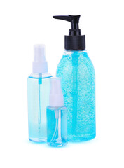 bottles of antiseptic hand gel and spray on white background.