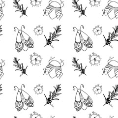 Seamless pattern in black and white with moth, beetle and rosemary on a white background