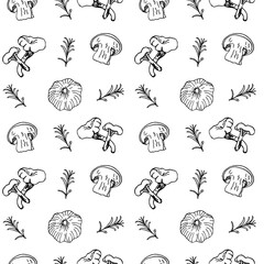 Seamless pattern in black and white with mushrooms and rosemary on a white background