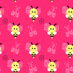 Seamless pattern on a pink background with a cute bee and white leaves and a white moth