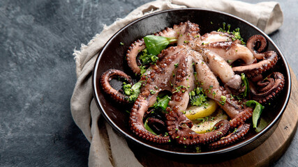 Grilled octopus served with spices and lemon on gray background. Seafood concept. © bit24