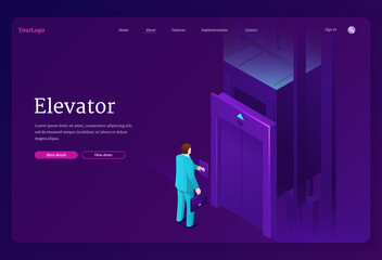 Elevator isometric landing page. Businessman character push button call passenger lift, man stand at closed doors in multistorey house, business center, office or mall building, 3d vector web banner © klyaksun