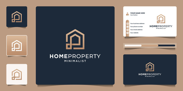 Home real estate logo design template with golden branding. Creative line art style symbol for building house.