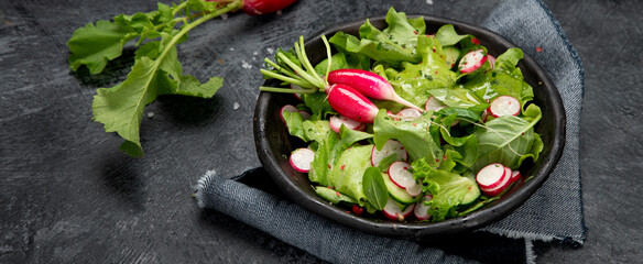 Fresh radish salad on drak gray background. Healthy food concept.