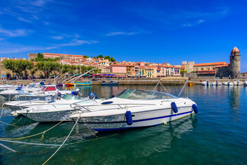 Boats at the harbor in the old town of Collioure, a seaside resort in Southern France