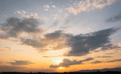 Colorful sunset and sunrise with clouds.Blue and orange color of nature.Many white clouds in the...