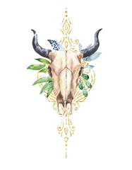 Fototapete Boho Aquarell Stierschädel mit Hörnern auf goldenem Ornament Hintergrund. Aquarell Boho-Stil Illustration.