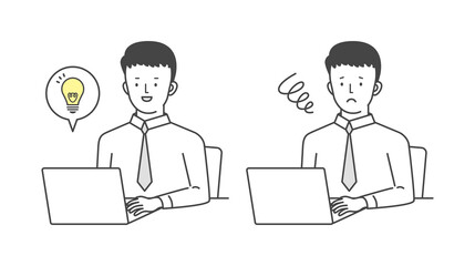 パソコン作業をするビジネスマンのイラスト　Illustration of a businessman working on a personal computer. 