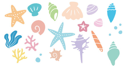シンプルで可愛い海辺の装飾イラストセット　貝殻　珊瑚　ヒトデ　夏