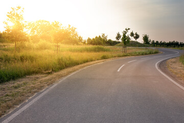 Fototapeta premium Winding road in the sunset light on the side of the road green grass. Paved village road on a summer evening.
