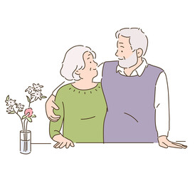 An elderly couple is looking at each other and smiling. hand drawn style vector design illustrations. 