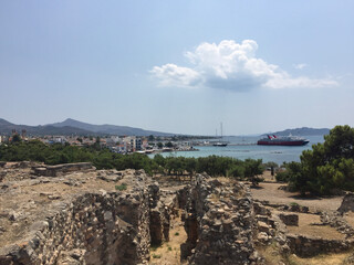 Aegina port and town seen from the Hill of Kolona, an archeological site that stood on the prehistoric acropolis on the island of Aegina, Greece.