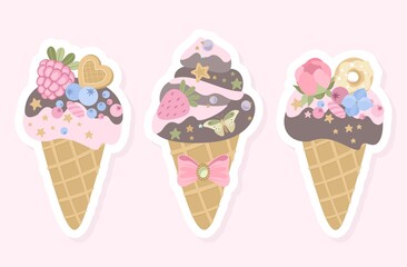Romantic stickers with ice cream, sweet dessert, flowers. Printing on paper, fabric, 
and the dishes. Vector illustration.