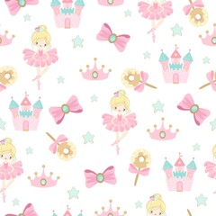 Seamless pattern with a Little Ballerina on a beautiful background.Vector illustration in a simple style.
