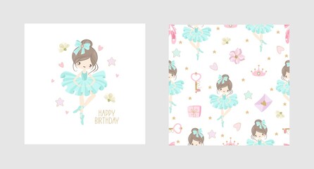 A set postcards Ballet for a Happy Birthday. Cute ballerinas, flowers, plants, patterns. Vector illustration. - obrazy, fototapety, plakaty