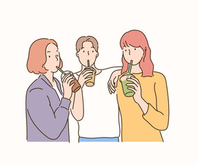 Friends holding drinks in hand and drinking through straws. hand drawn style vector design illustrations. 