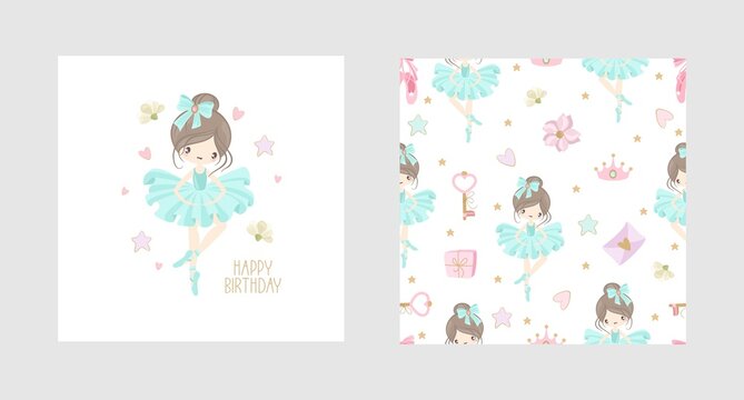 A set postcards Ballet for a Happy Birthday. Cute ballerinas, flowers, plants, patterns. Vector illustration.