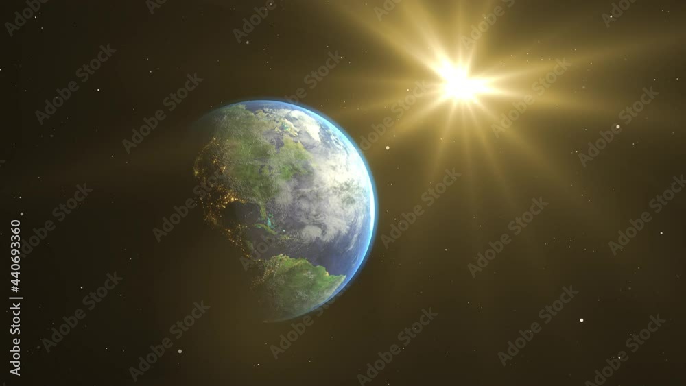 Wall mural sunrise and shadow on the earth rotate in space with star in universe. world realistic atmosphere 3d