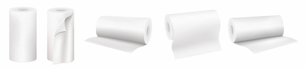 Rolls of disposable paper towels in different positions, realistic 3D vector set isolated on white background. Assortment of toiletries. Disposable personal hygiene products.