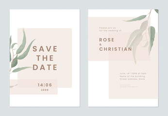Minimalist foliage wedding invitation card template design, eucalyptus leaves in modern style