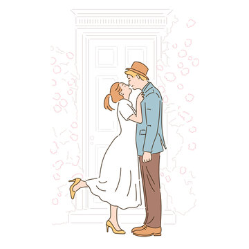 Beautiful couple kissing in romantic garden. hand drawn style vector design illustrations. 