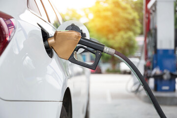 Pumping gasoline fuel in car at gas station.concept Travel,price oil,industrail business and...