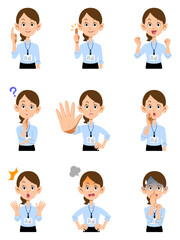 社員証を付けた夏のオフィスで働く女性の上半身　9種類の仕草と表情
