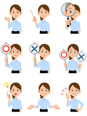 夏のオフィスで働く女性の上半身　9種類の仕草と表情
