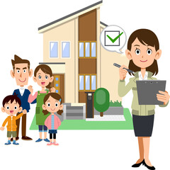 家族とチェックマークを書類に記入する工務店の女性と住宅
