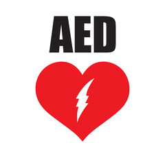 AED,automated external defibrillator / aed sign with heart and electricity symbol flat vector icon	

