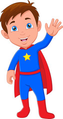 cute boy wearing superhero costume and waving