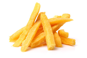 a pile of french fries on white background