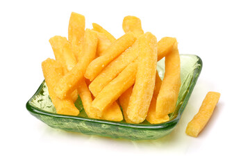 a pile of french fries on white background