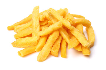 a pile of french fries on white background