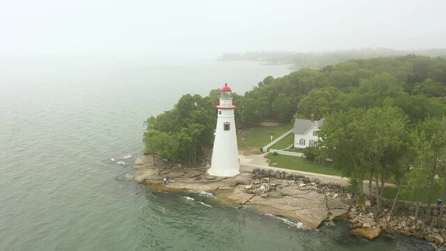 Marblehead Ohio Lighthouse Aerial 4K Fog