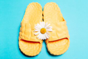 Close-up top view of yellow slippers and white chamomile flower on blue background.